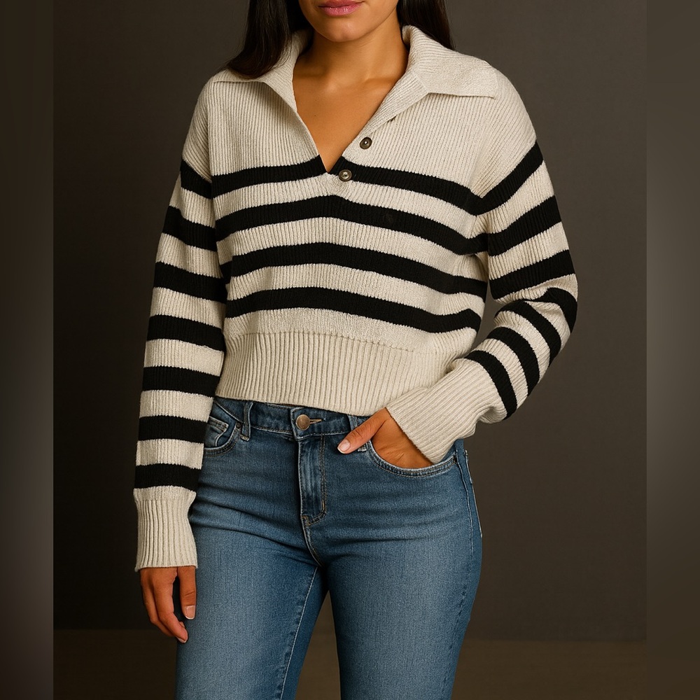Cream Black Striped Collared Sweater – Women’s Small – Ribbed Knit Polo Style